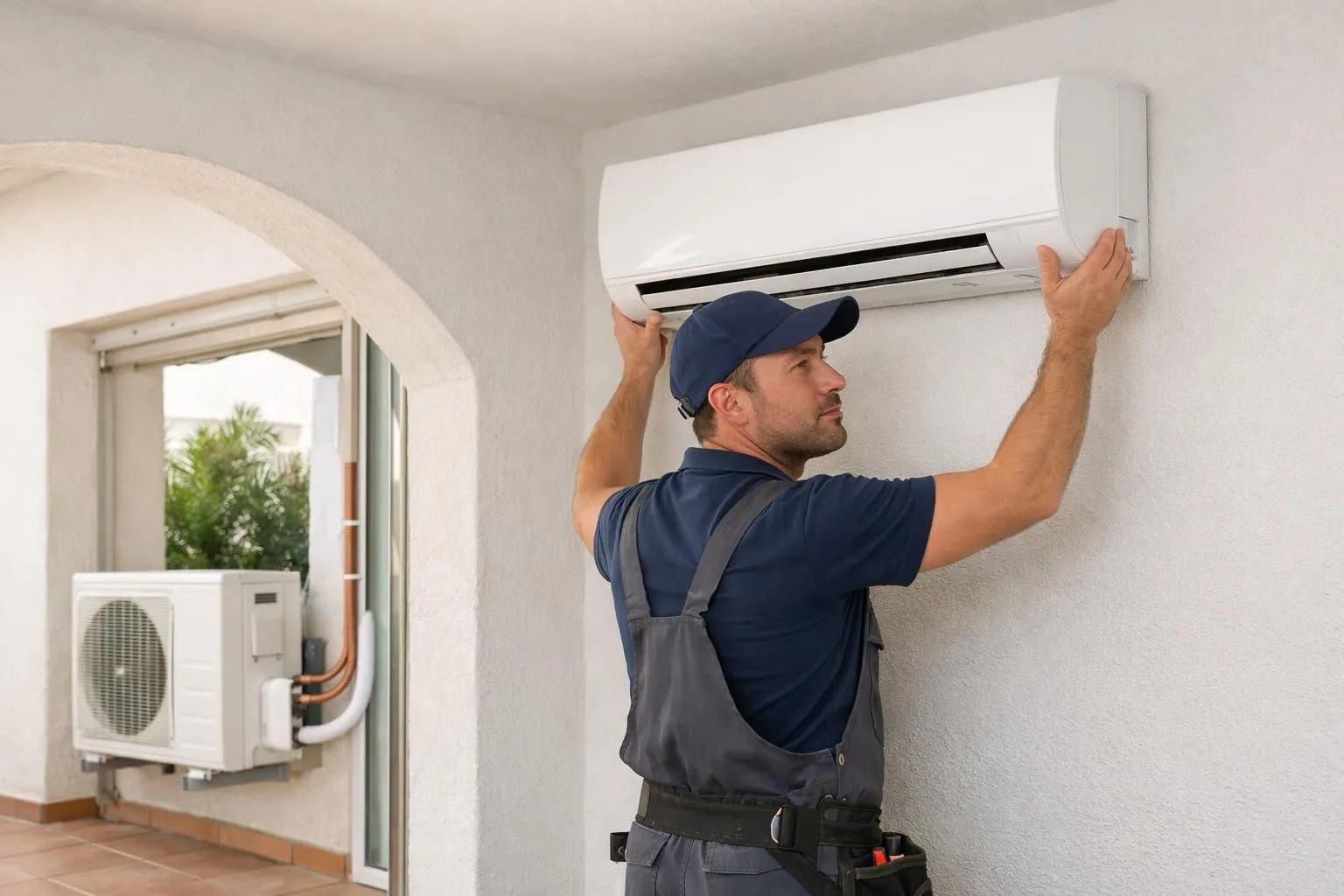 Professional HVAC technician installing modern white split air conditioning unit on interior wall of bright Mediterranean-style home in Montpellier, with visible outdoor unit and copper pipes, natural daylight streaming through windows